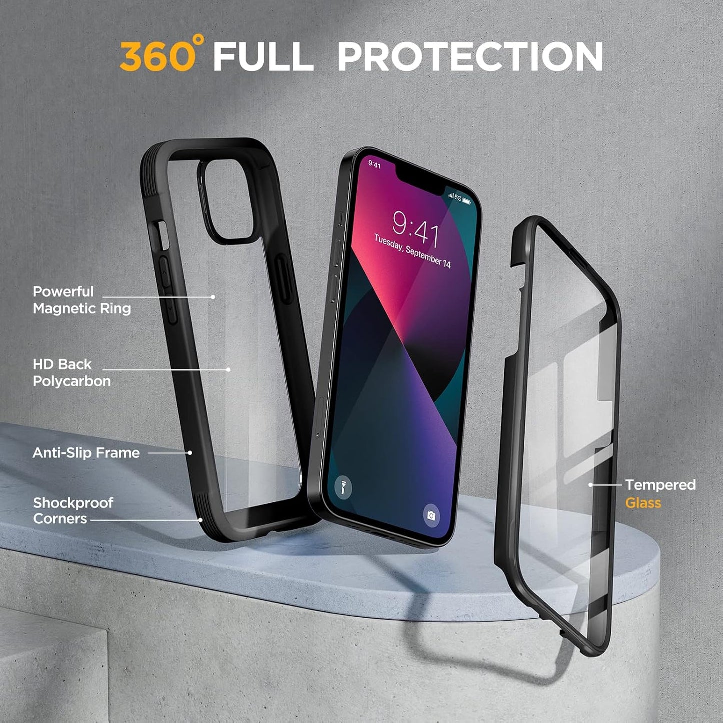 Compatible with Iphone 13 Mini Case 5.4 Inch, 2023 Upgrade Full-Body Glass Clear Case Bumper Case with Built-In 9H Tempered Glass Screen Protector for Iphone 13 Mini, Black